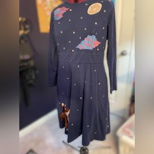 Navy Fox and Moon Embroidered Cotton Knit Dress w/ pockets
